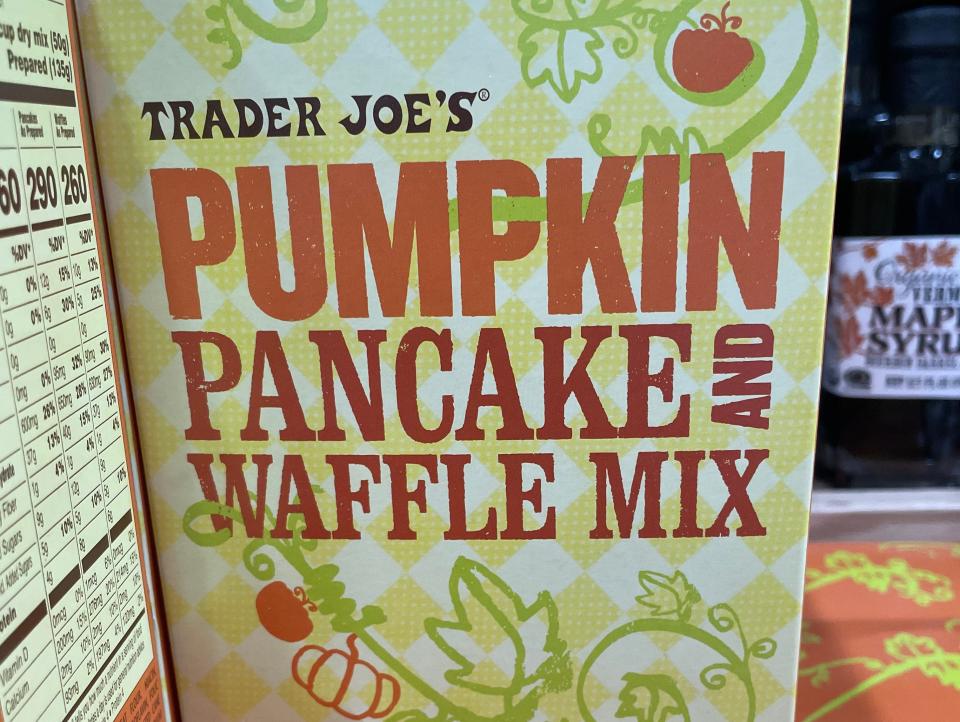 boxes of pumpkin-flavored pancake and waffle mix from trader joes