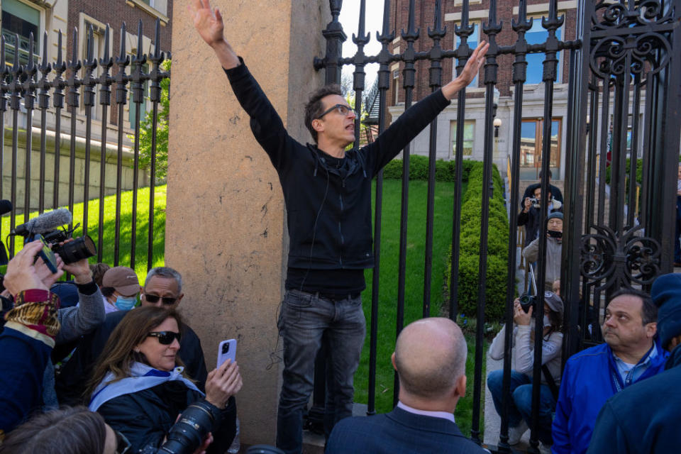 Davidai rallies his supporters as he is denied access to the Columbia University campus grounds for a planned oppositional sit-in among pro-Palestinian protesters on April 22, 2024.<span class="copyright">David Dee Delgado—Getty Images</span>