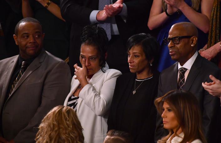 <p>From left, Robert Mickens, Elizabeth Alvarado, Evelyn Rodriguez and Freddy Cuevas are recognized during Trump’s State of the Union address in Washington, D.C., on Jan. 30. (Photo: Nicholas Kamm/AFP/Getty Images) </p>