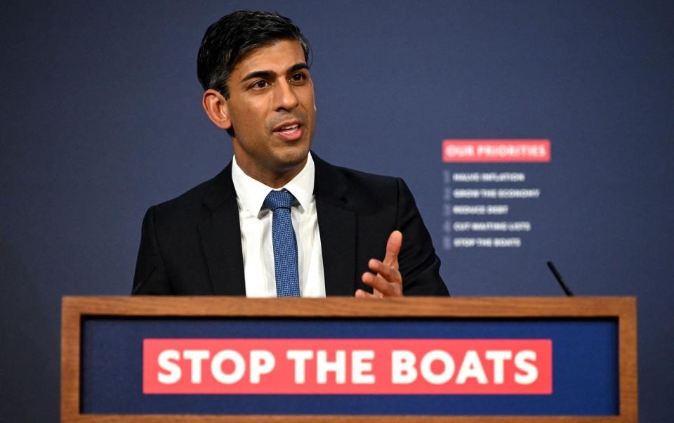 Britain's Prime Minister Rishi Sunak speaks during a press conference in the Downing Street Briefing Room - LEON NEAL/POOL/AFP via Getty Images