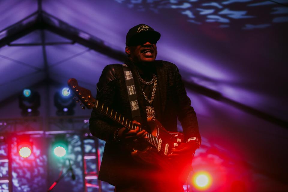 Eric Gales performs with The Hi Rhythm Section, led by Boo Mitchell, at RiverBeat Music Festival on Friday, May 3, 2024, at Tom Lee Park in Downtown Memphis.