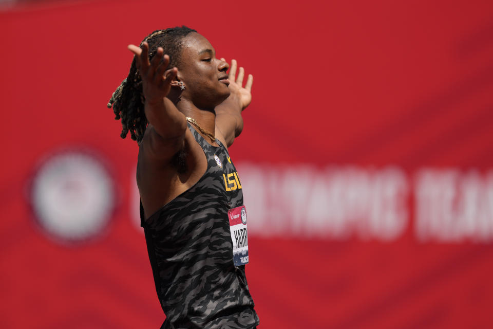 JuVaughn Harrison celebrates during the finals of the men's high jump at the U.S. Olympic Track and Field Trials Sunday, June 27, 2021, in Eugene, Ore. (AP Photo/Charlie Riedel)