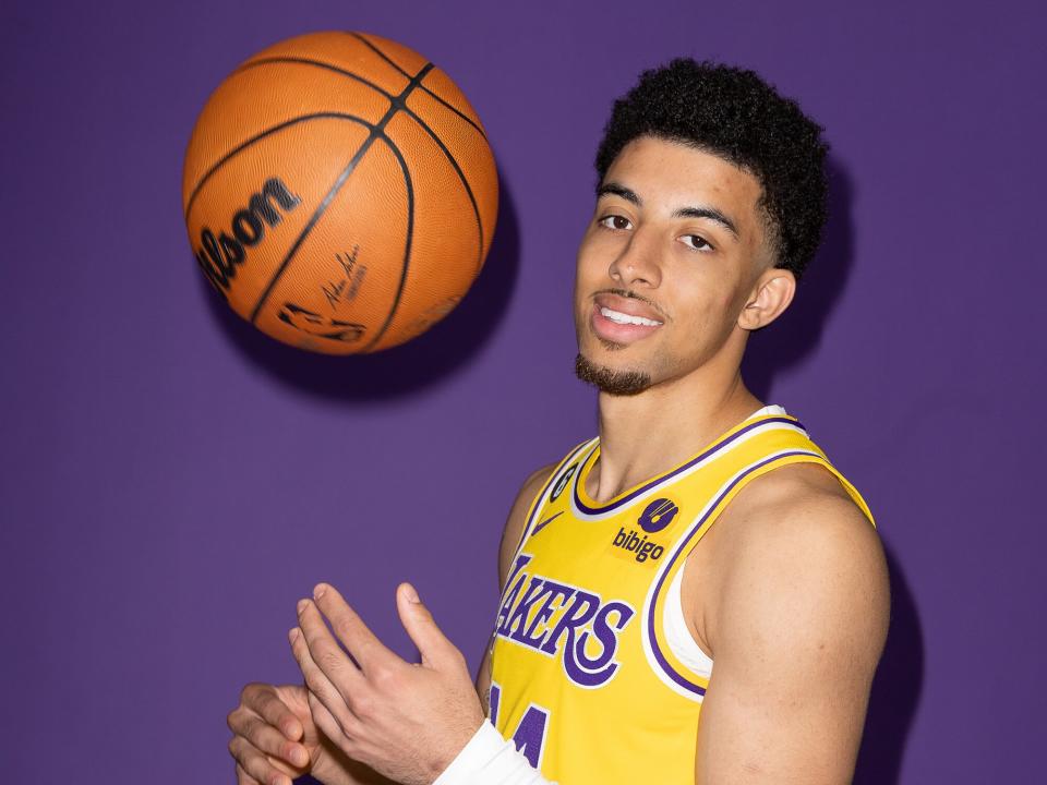 Scotty Pippen Jr. #14 of the Los Angeles Lakers poses for a photo during NBA Media day at UCLA Health Training Center on September 26, 2022 in El Segundo, California