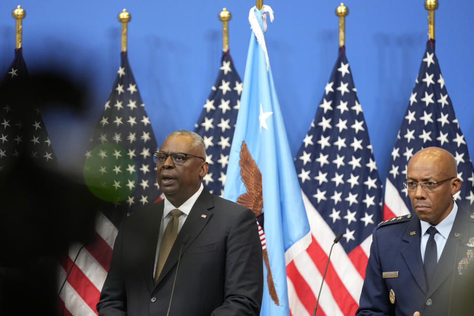 United States Secretary of Defense Lloyd Austin, left, and Chairman of the Joint Chiefs of Staff, U.S. Air Force General CQ Brown, address a media conference after a meeting of NATO defense ministers at NATO headquarters in Brussels, Wednesday, Oct. 11, 2023. Ukraine's President Volodymyr Zelenskyy and Ukraine's Defense Minister Rustem Umerov arrived at NATO for meetings with alliance defense ministers to further drum up support for Ukraine's fight against Russia. (AP Photo/Virginia Mayo)