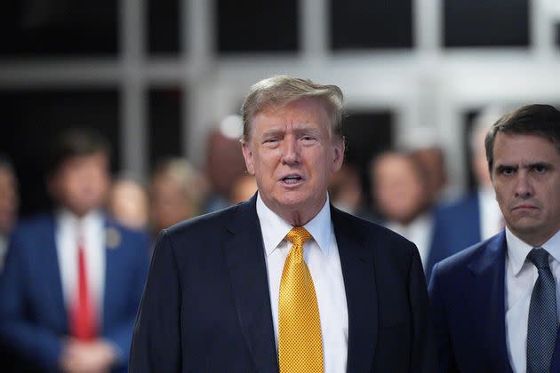 Former President Donald Trump speaks to reporters at Manhattan criminal court, Tuesday, May 21, 2024 in New York. 