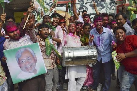 Supporters of the Janata Dal (United) party celebrate after learning of the initial election results at their party office in Patna, India, November 8, 2015. REUTERS/Stringer