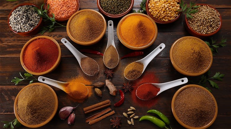 various spices in bowls