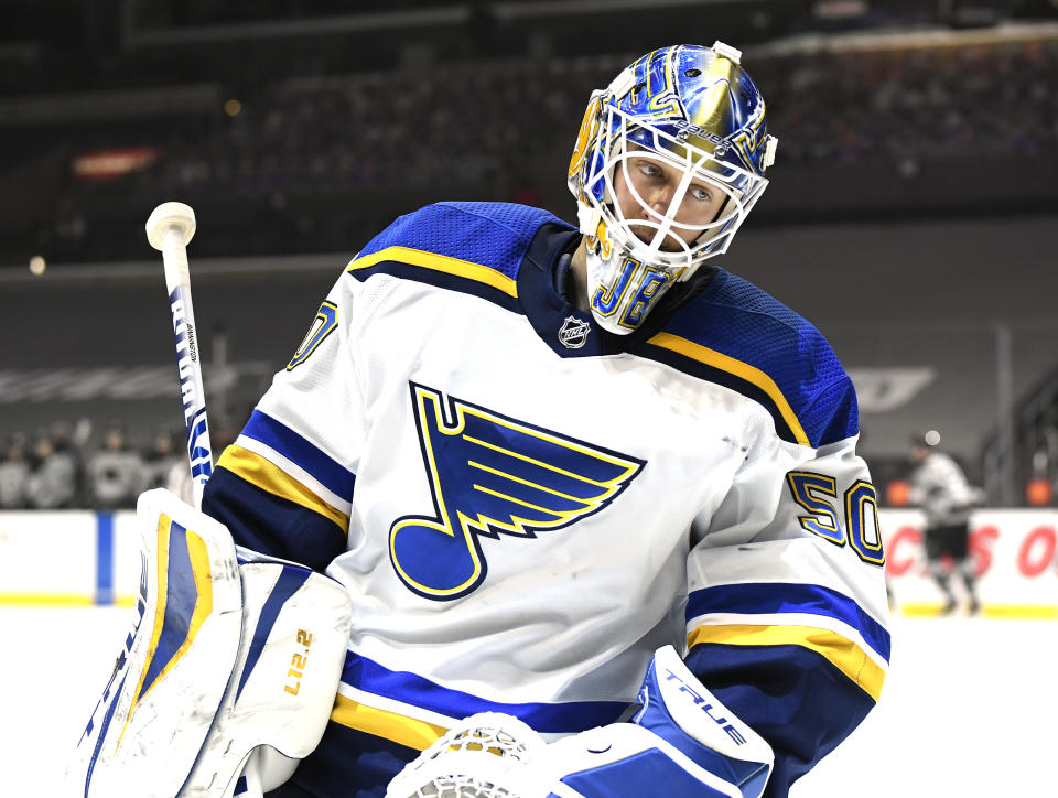 LOS ANGELES, CALIFORNIA - MARCH 06: Jordan Binnington #50 of the St. Louis Blues reacts after a goal during a 4-3 Los Angeles Kings overtime win at Staples Center on March 06, 2021 in Los Angeles, California. (Photo by Harry How/Getty Images)