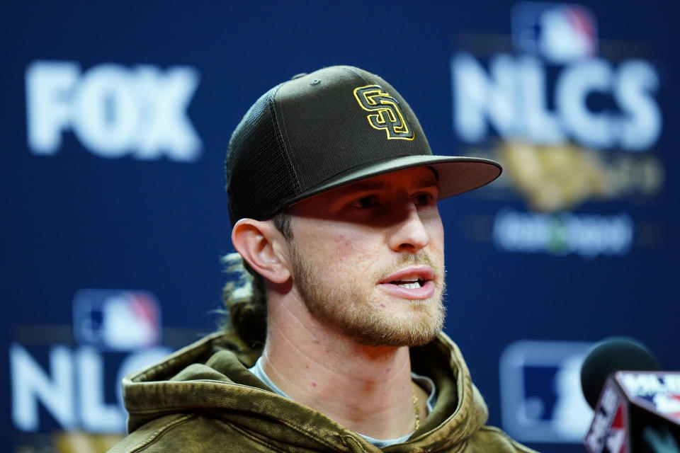 FILE -San Diego Padres' Josh Hader speaks during a news conference ahead of Game 3 of baseball's National League Championship Series against the Philadelphia Phillies, Friday, Oct. 21, 2022, in Philadelphia. Hard-throwing reliever Josh Hader and the Houston Astros agreed to a $95 million, five-year contract on Friday, Jan. 19, 2024, a person familiar with the negotiations told The Associated Press.(AP Photo/Matt Rourke, File)