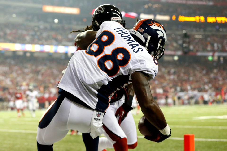 ATLANTA, GA - SEPTEMBER 17: Wide receiver Demaryius Thomas #88 of the Denver Broncos scores a touchdown in the second quarter against the Atlanta Falcons during a game at the Georgia Dome on September 17, 2012 in Atlanta, Georgia. (Photo by Kevin C. Cox/Getty Images)