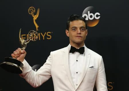 Actor Rami Malek poses backstage with his award for Outstanding Lead Actor In A Drama Series for USA Network's "Mr. Robot" at the 68th Primetime Emmy Awards in Los Angeles, California U.S., September 18, 2016. REUTERS/Mario Anzuoni