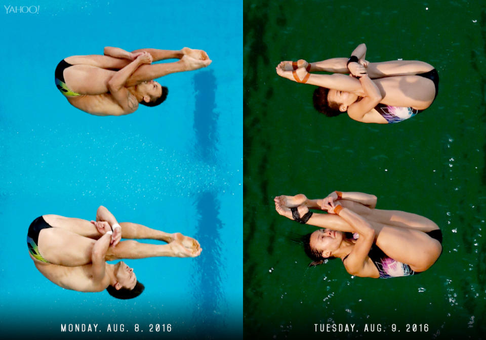 <p>Views of the Maria Lenk Aquatics Centre diving pool.</p>