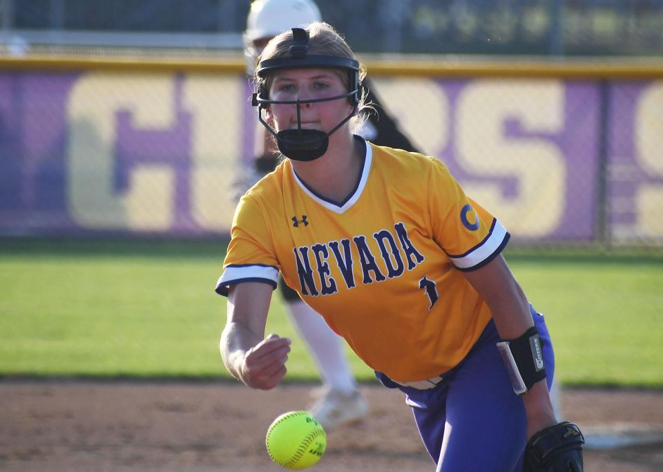 Nevada's pitcher Makalya Spaid (1) pitches the ball against Grand View Christian at Nevada Softball Field Friday, June 24, 2022, in Nevada, Iowa .