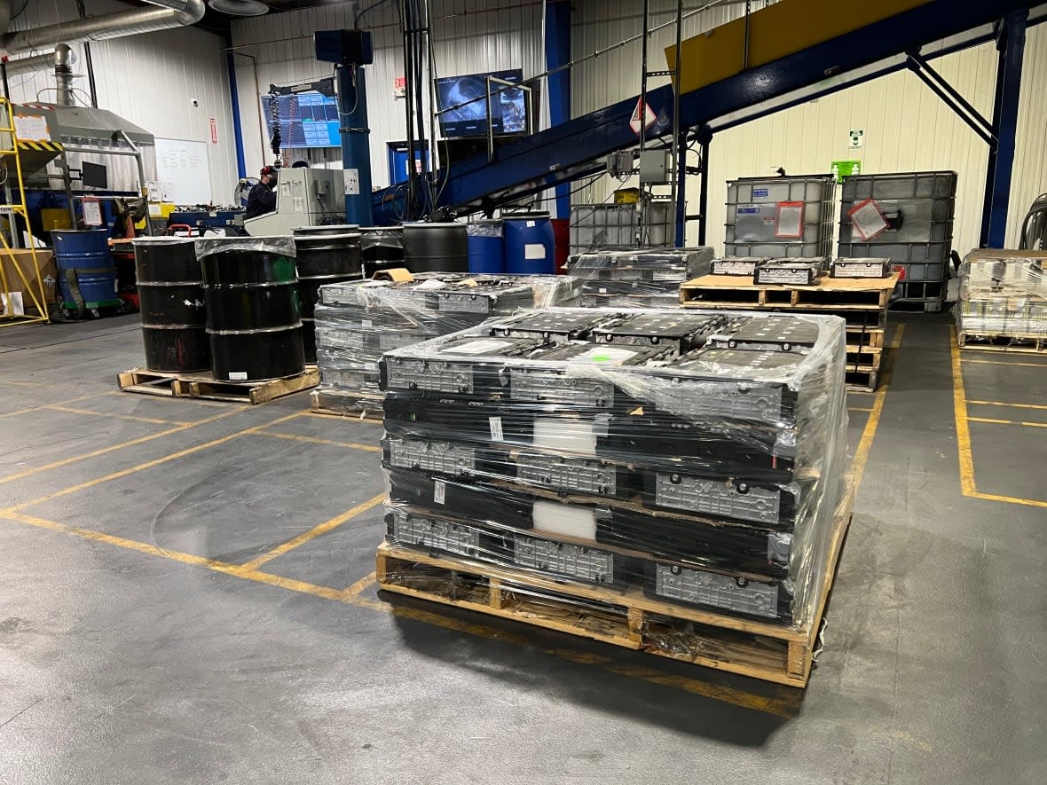 EV batteries waiting to be recycled at the Li-Cycle plant in Kingston, Ont.  (Carly Thomas/CBC News - image credit)