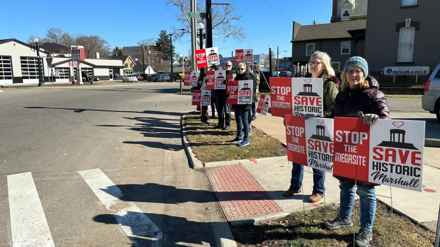 Marshall residents protest the electric vehicle battery plant Ford announced Monday.