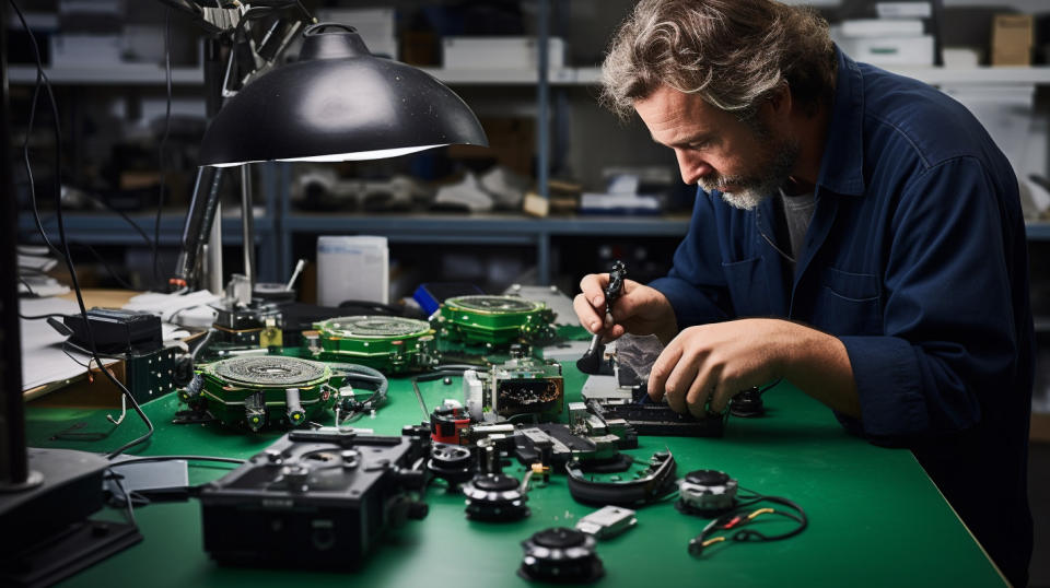 A technician in a factory environment assembling components for the company's optical backscatter reflectometers.