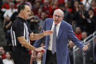 Syracuse head coach Jim Boeheim reacts to having a technical foul called on him by official Roger Ayers during the second half of an NCAA college basketball game against Louisville Wednesday, Feb. 19, 2020, in Louisville, Ky. Louisville won 90-66. (AP Photo/Wade Payne)