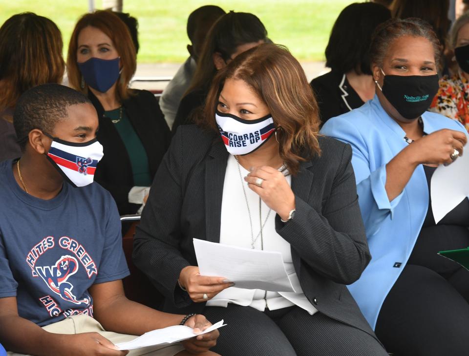 Metro Nashville Public Schools Director Adrienne Battle (center) talks to Whites Creek High School student Jeremiah Moore alongside Nashville State Community College President Shanna L. Jackson on Oct. 4, 2021.