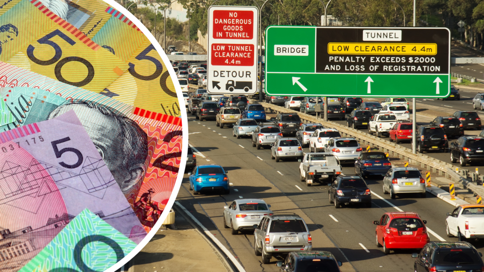 Australian money notes and cars in Sydney traffic. Driving fine concept.