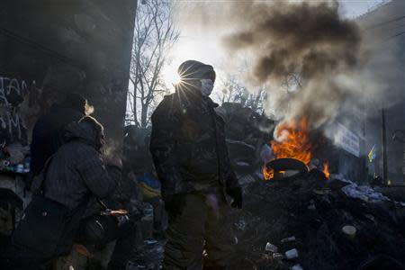 Anti-government protesters gather at an open fire site as temperatures stand at minus 20 degrees Celsius (minus 4 degrees Fahrenheit) at a barricade near Independence Square in Kiev, January 30, 2014. REUTERS/Thomas Peter