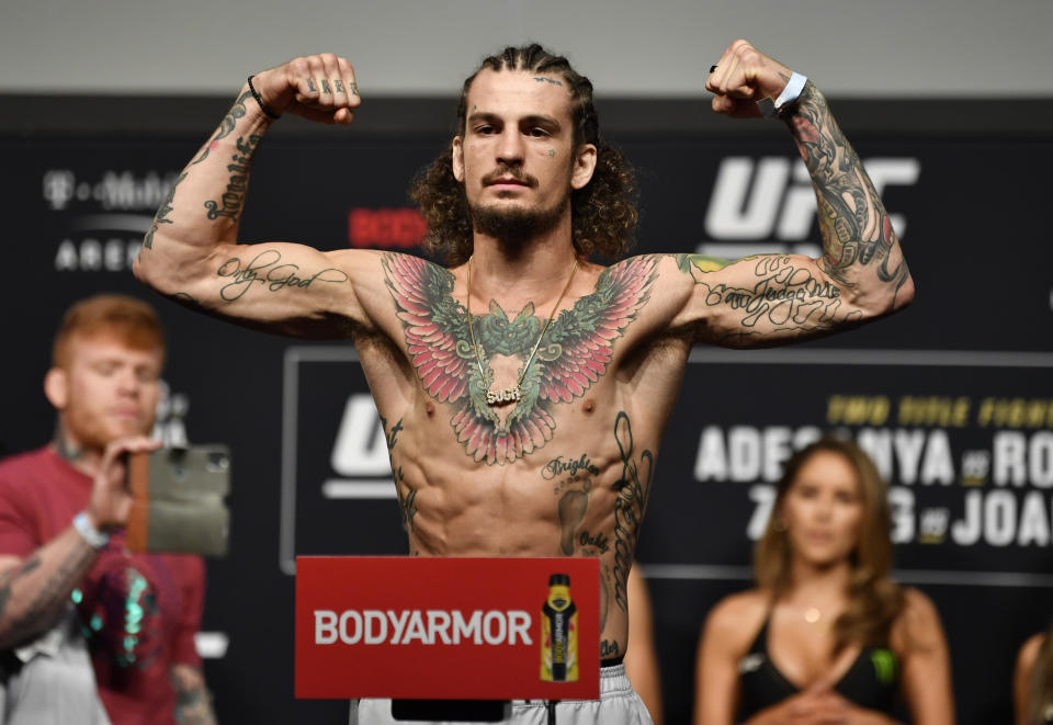 LAS VEGAS, NEVADA - MARCH 06: Sean O'Malley poses on the scale during the UFC 248 weigh-in at T-Mobile Arena on March 06, 2020 in Las Vegas, Nevada. (Photo by Jeff Bottari/Zuffa LLC)