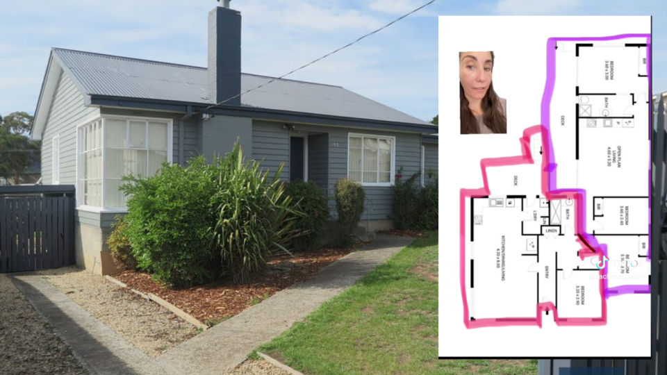 A composite image of a home in Tasmania and a still from a TikTok showing a floorplan of how the property was split.