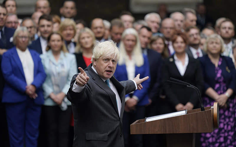 Outgoing British Prime Minister Boris Johnson speaks outside Downing Street in London