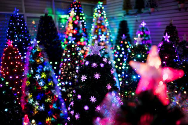 Christmas trees in a display room of an artificial Christmas tree factory in the Chinese manufacturing hub of Yiwu -- known as <a href=