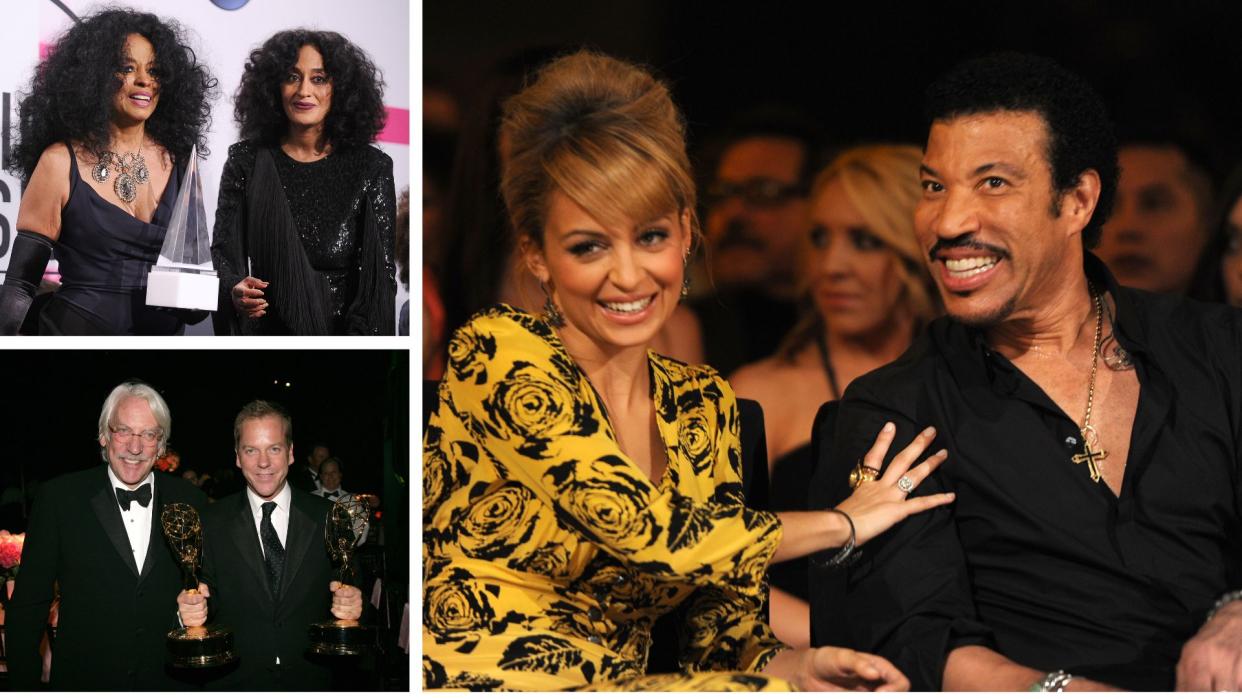  Comp image of three pairs of celebrities with their famous parents, top left is Diana Ross and Tracy ellis ross, bottom left is Keifer Sutherland and Donald sutherland and to the right is Nicole Richie and Lionel richie . 