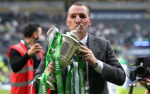 Celtic manager Brendan Rodgers celebrates after the William Hill Scottish Cup final at Hampden Park - Credit: Jane Barlow/PA Wire.