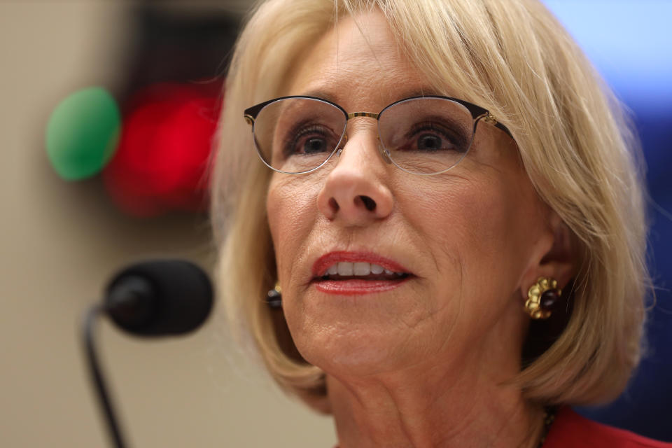 WASHINGTON, DC - DECEMBER 12:  U.S. Secretary of Education Betsy DeVos testifies during a hearing before House Education and Labor Committee December 12, 2019 on Capitol Hill in Washington, DC. The committee held a hearing on "Examining the Education Department's Implementation of Borrower Defense."  (Photo by Alex Wong/Getty Images)