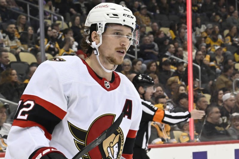 Defenseman Thomas Chabot and the Ottawa Senators will face the Carolina Hurricanes at 7:30 p.m. Wednesday in Charlotte, N.C. File Photo by Archie Carpenter/UPI