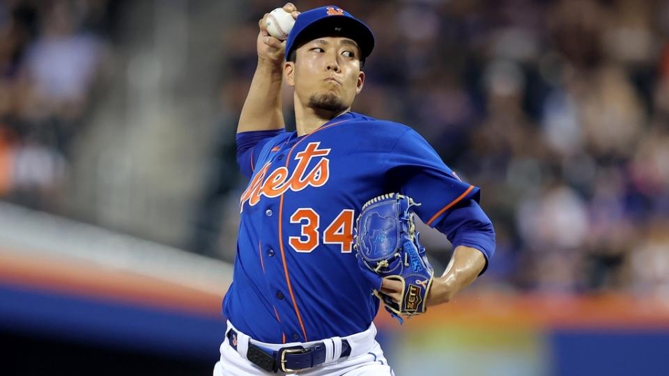 Jul 15, 2023; New York City, New York, USA; New York Mets starting pitcher Kodai Senga (34) pitches against the Los Angeles Dodgers during the second inning at Citi Field.