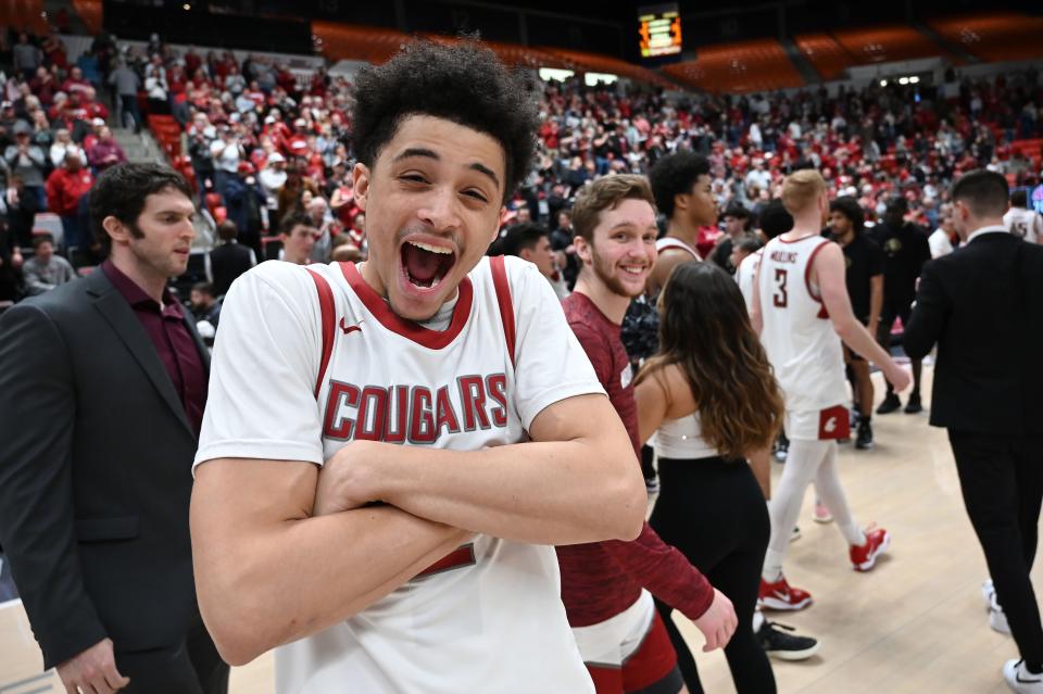 Washington State Cougars guard Isaiah Watts (12) celebrates after a game against the Colorado Buffaloes at Friel Court at Beasley Coliseum Jan. 27, 2024, in Pullman, Washington. Washington State won 78-69.