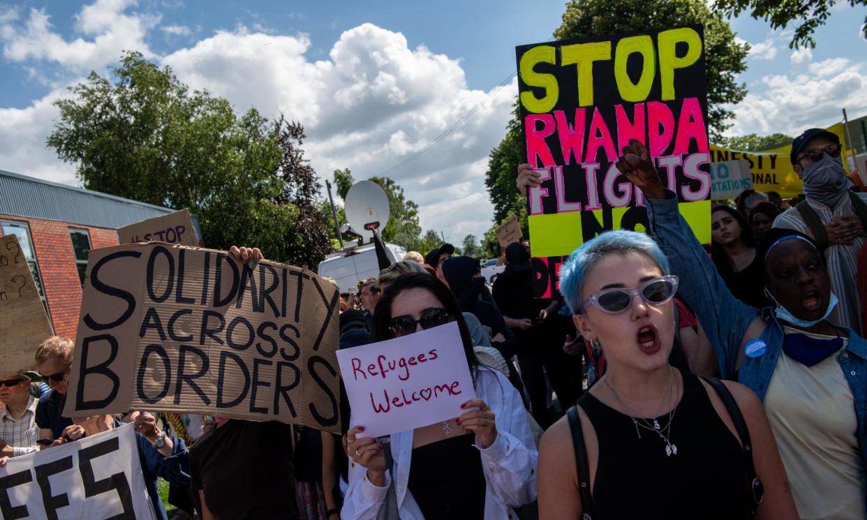 <span>Demonstrations against the government’s deportation flights were held near the Brook House immigration removal centre by Gatwick airport.</span><span>Photograph: Chris J Ratcliffe/Getty Images</span>