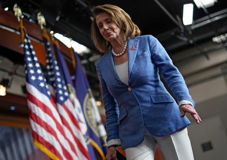 House Democratic leader Nancy Pelosi leaving her weekly press conference at the Capitol on June 22. (Photo: Win McNamee/Getty Images)