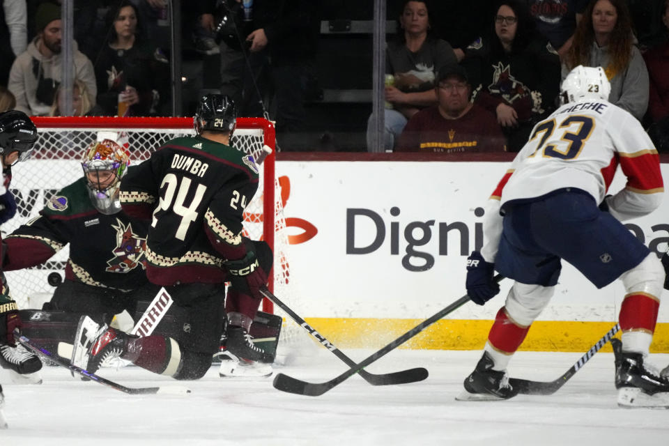 Florida Panthers center Carter Verhaeghe (23) scores a goal against Arizona Coyotes goaltender Karel Vejmelka, left, as Coyotes defenseman Matt Dumba (24) looks on during the first period of an NHL hockey game Tuesday, Jan. 2, 2024, in Tempe, Ariz. (AP Photo/Ross D. Franklin)