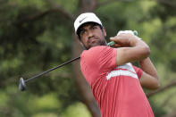 Tony Finau hits from the second tee during the second round of the Memorial golf tournament, Friday, July 17, 2020, in Dublin, Ohio. (AP Photo/Darron Cummings)