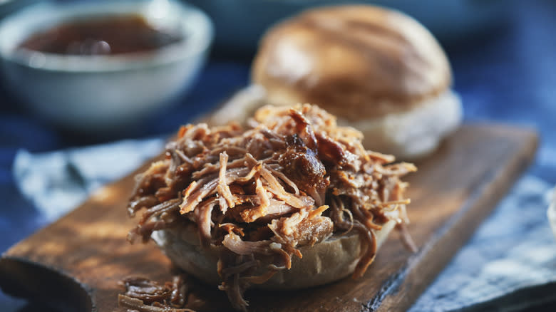 Pulled pork on sandwich