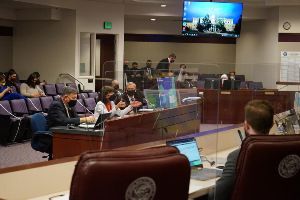 FILE - From left, Assemblyman P.K. O'Neill, Assembly Minority Leader Robin Titus and Assemblyman John Ellison address to a legislative committee overseeing Nevada's redistricting process in Carson City, Nev. on Saturday, Nov. 13, 2021. More than one-quarter of state lawmakers whose seats are up for election across the U.S. are guaranteed to be gone from office next year — a statistic almost certain to grow when the votes are counted from the November general election. (AP Photo/Samuel Metz, File)