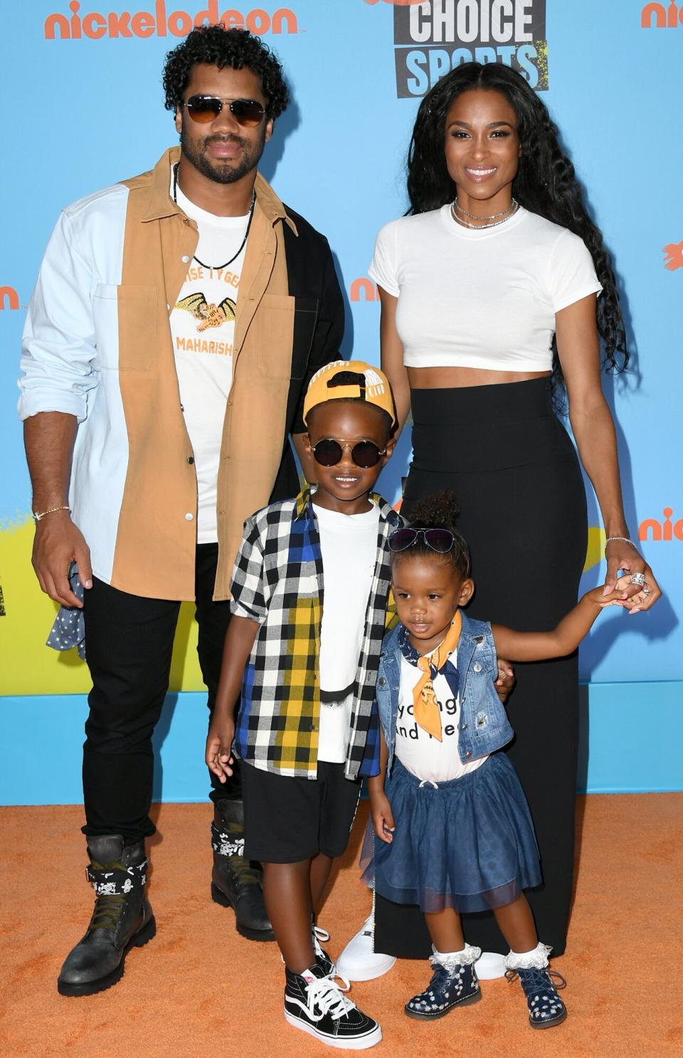 Russell Wilson and Ciara with Future Zahir Wilburn and Sienna Princess Wilson attend Nickelodeon Kids' Choice Sports 2019 at Barker Hangar on July 11, 2019 in Santa Monica, California