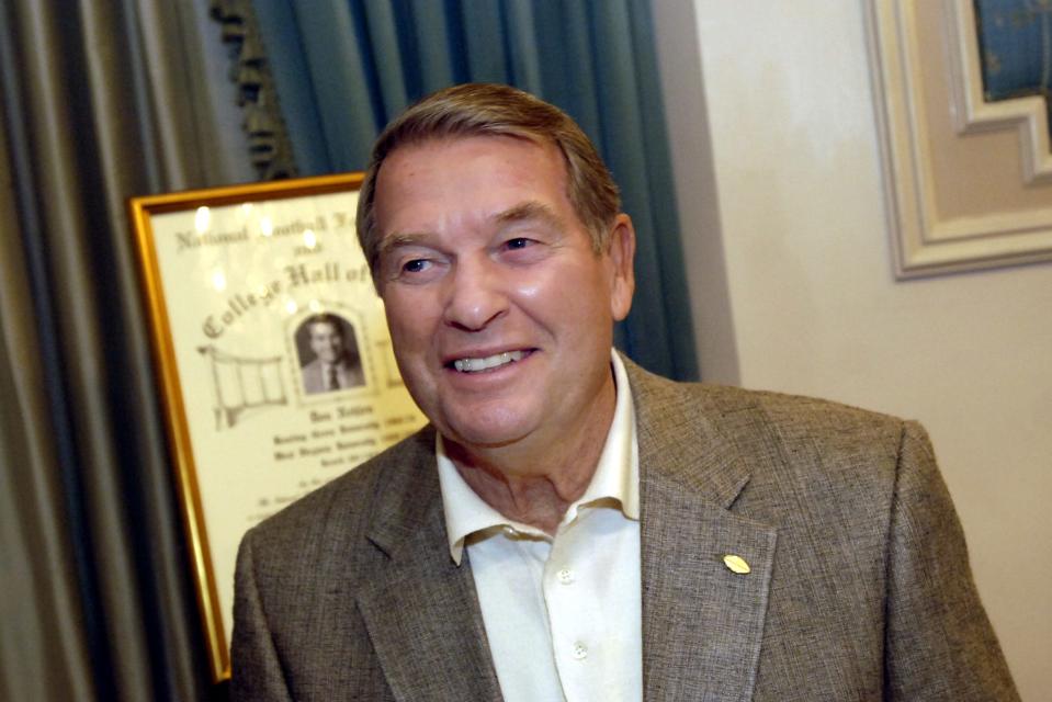 Don Nehlen, a former head coach for Bowling Green and West Virginia, talks during a media session for 2005 College Football Hall of Fame inductees in New York, Dec. 6, 2005. Nehlen guided WVU to two undefeated seasons, 17 winning seasons and the 1993 Big East title.