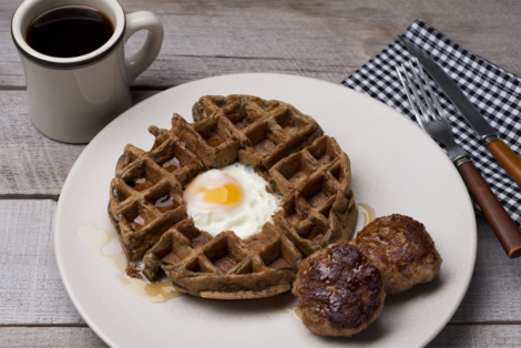 There's a complete breakfast on this plate. As adults, it's up to us to decide what that means. Voila, Toad in the Waffle.