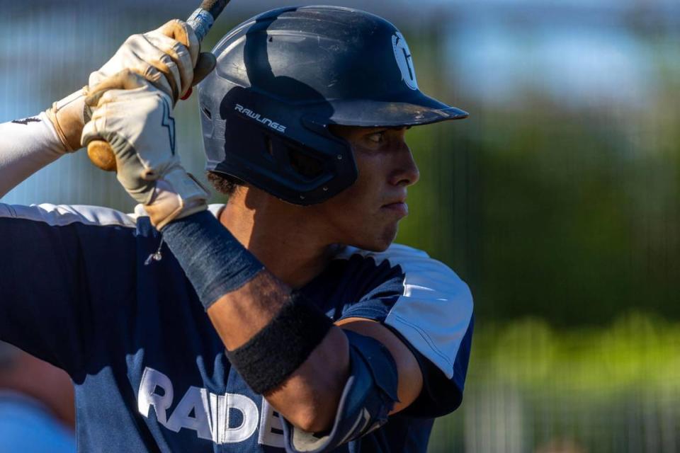 Gulliver Prep shortstop George Lombard at bat during a high school baseball game against Somerset Academy Silver Palms at Gulliver Academy, in Coral Gables, Florida, on Tuesday, April 25, 2023.