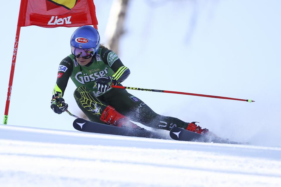 United States' Mikaela Shiffrin competes in an alpine ski, women's World Cup giant slalom, in Lienz, Austria, Saturday, Dec. 28, 2019. (AP Photo/Marco Trovati)