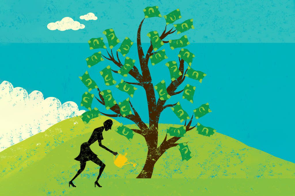 In this illustration, a woman waters a tree that is growing money.