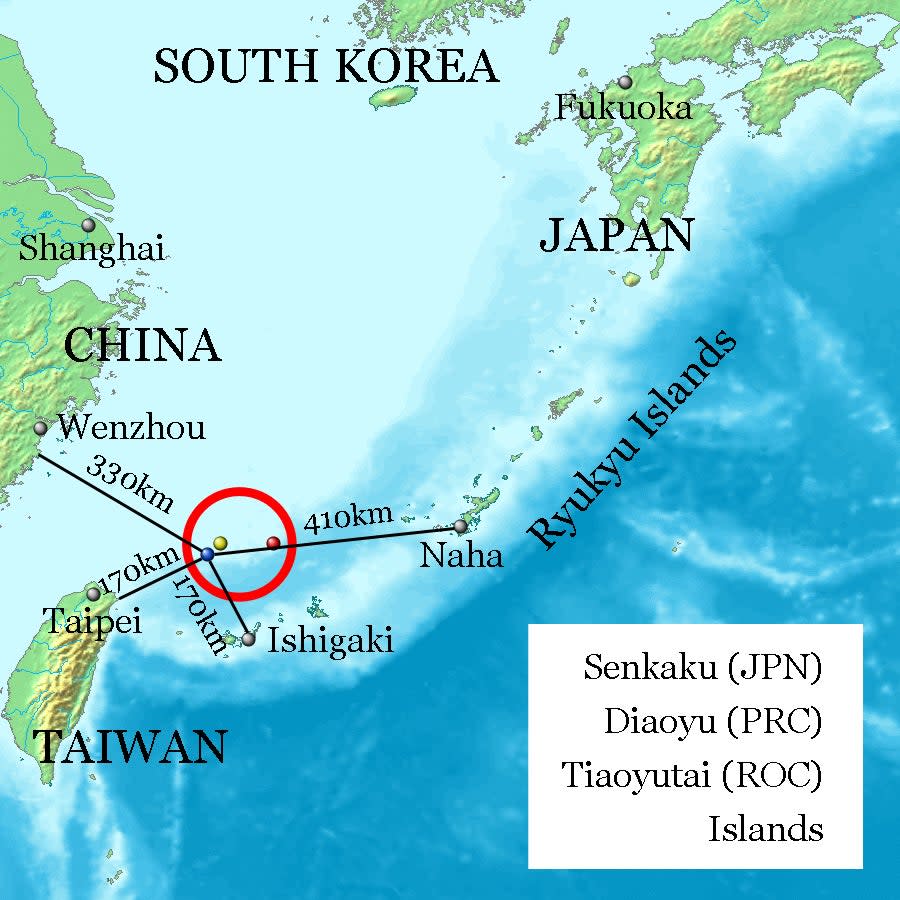 Location of the Senkaku Islands. Jackopoid via <em>Wikimedia Commons</em>, <em>CC-BY-SA-3.0-migrated</em>