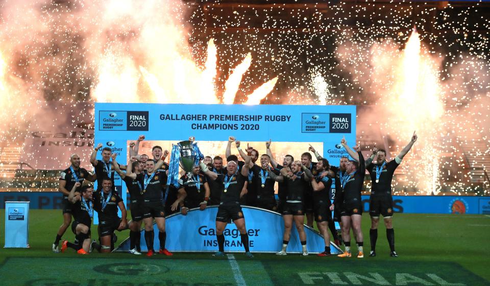 Exeter Chiefs celebrate winning the Premiership title on Saturday after defeating WaspsGetty