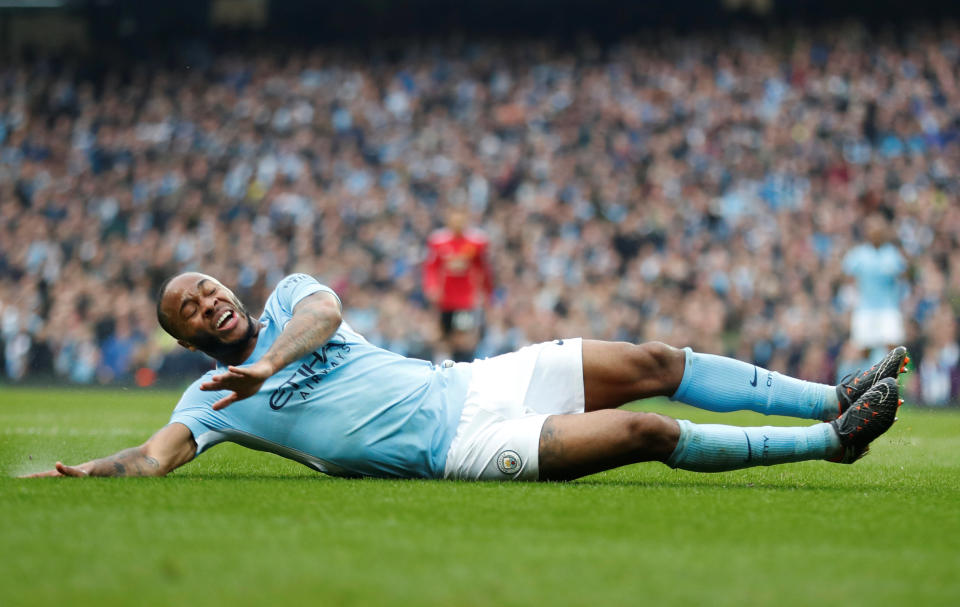 <p>Raheem Sterling after missing yet another chance to score in a first half that saw Manchester City rip Manchester United apart </p>