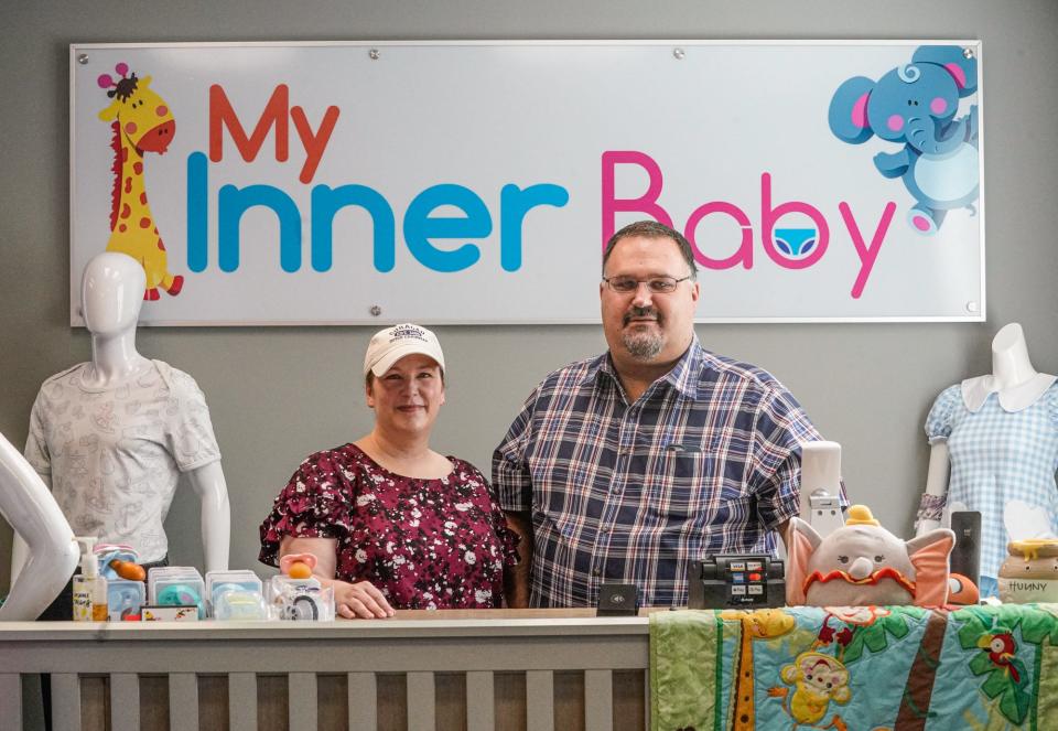 Store owners Sabine Kissee and Ryan Polokoff at My Inner Baby on Wednesday, July 20, 2022, in Noblesville, Indiana. The Noblesville planning department has ruled My Inner Baby is an adult entertainment business. The store's owners are appealing that decision.